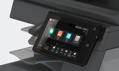 Sharp copier showing pivoting touch screen feature